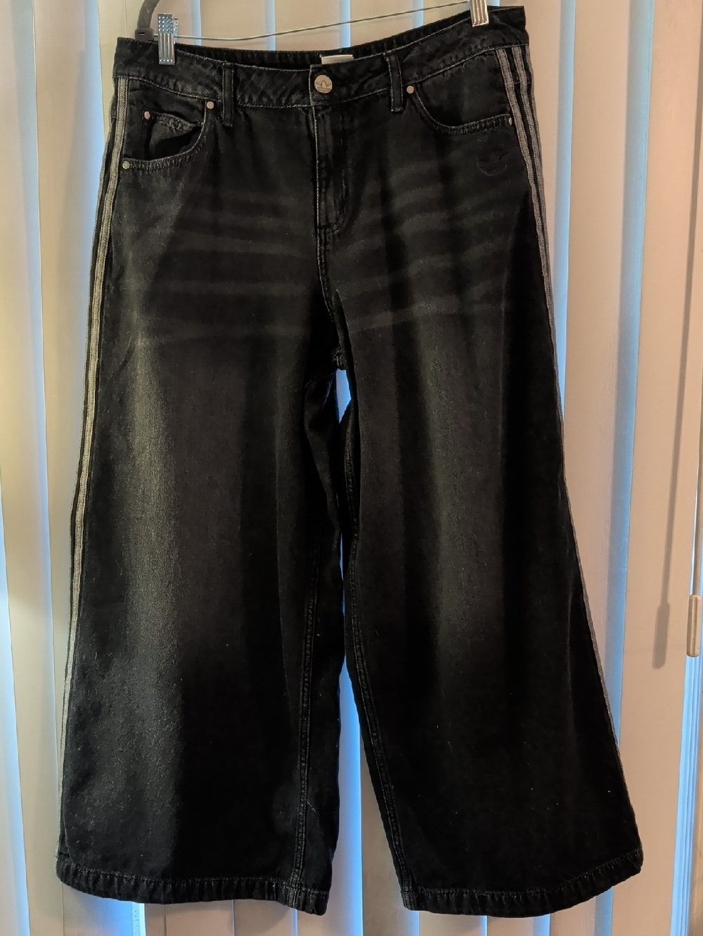 adidas Black and White Trefoil Label Denim Wide Leg Jeans 32x30